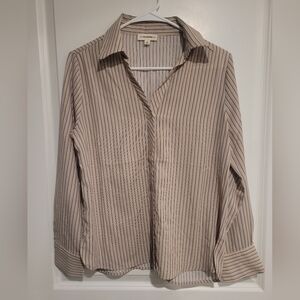 Eesome Tan and Blue Pinstripe Blouse Top